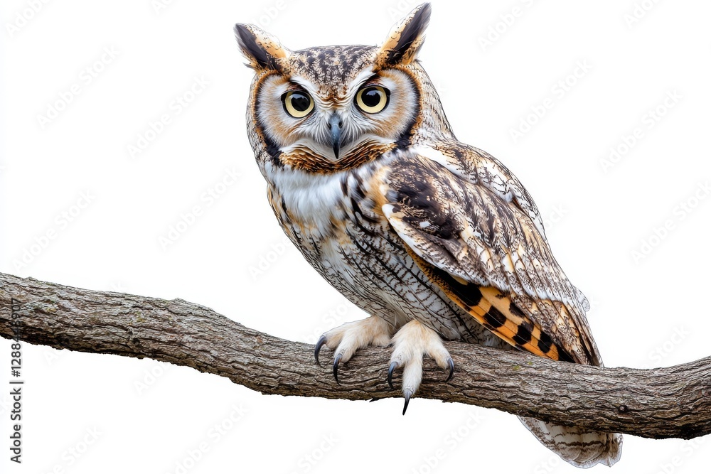 Naklejka premium Majestic Great Horned Owl Perched on a Branch Isolated on White Background