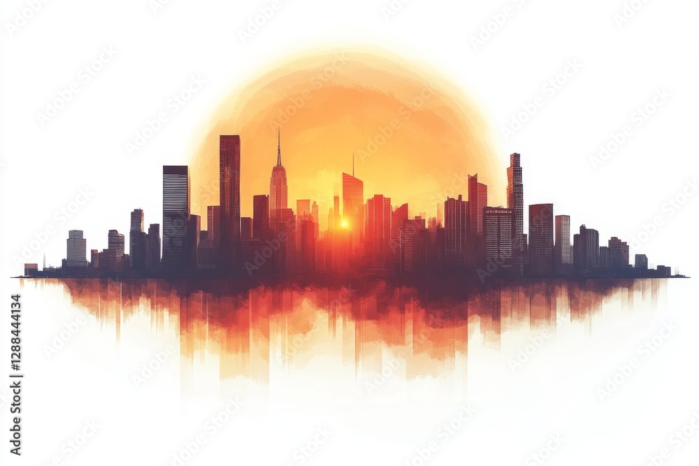 Fototapeta premium Vibrant Cityscape Silhouette at Sunset Urban Skyline Panorama Watercolor Style