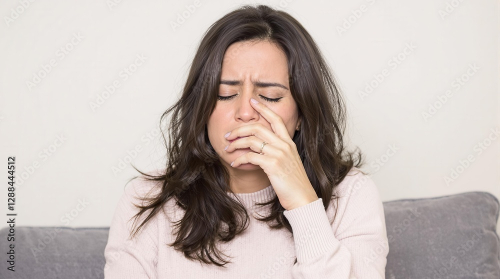 A woman is sitting on a couch and rubbing her nose A woman is sitting on a couch and rubbing her nose