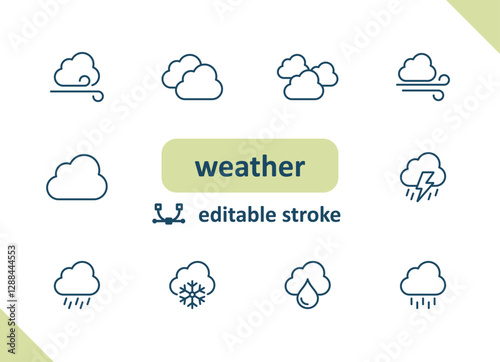 Weather icons. Weather forecast, meteorology, clouds, wind, rain, sunny vector icon set