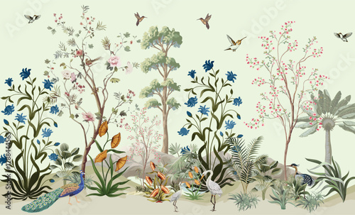 Traditional mughal garden, flower and birds, watercolor background.