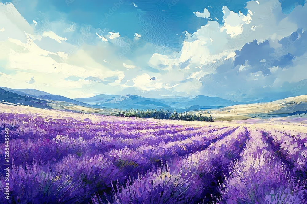 Obraz premium Lavender Field Under Blue Sky with Clouds, Serene Provence Landscape