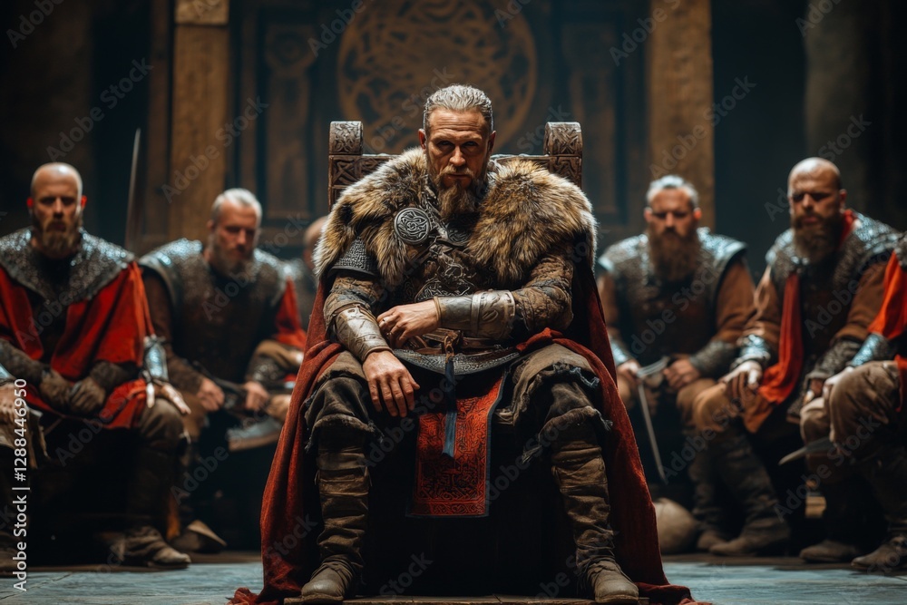 Naklejka premium Group of warriors gathered in a dimly lit hall with a central figure on a throne during a medieval ceremony