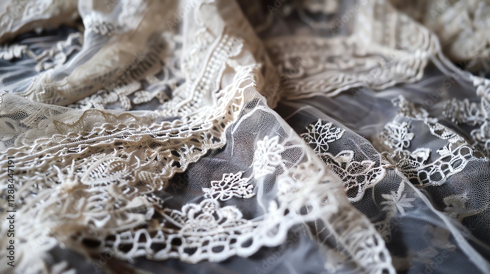 Obraz premium A close-up of delicate white lace on a sheer white fabric.