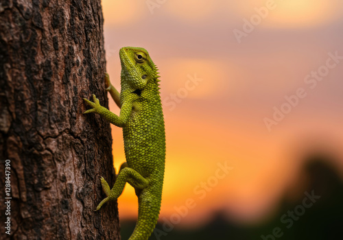Green lizard climbs tree trunk against beautiful sunset backdrop