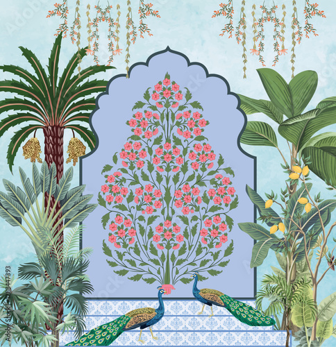 Mughal garden, peacock , Mughal arch with watercolor tree.