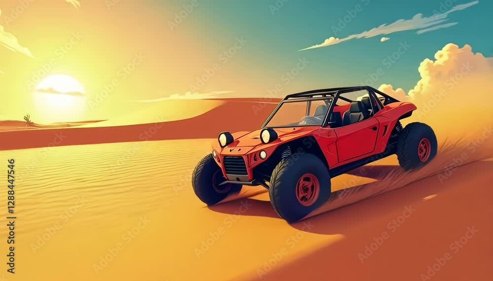 Sunset cartoon dune bashing adventure in a desert landscape with off-road vehicle, sand buggy Sunset cartoon dune bashing adventure in a desert landscape with off-road vehicle, sand buggy