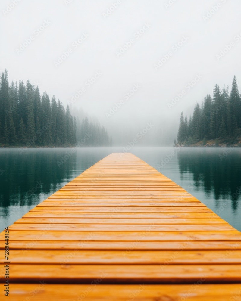 Fototapeta premium Minimalist Nature Retreat Rustic Wooden Dock Over Serene Lake - Tranquil Escape for Modern Wellness Retreats and Eco-Tourism Marketing