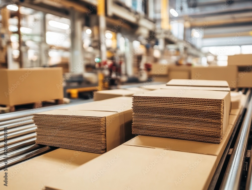 Obraz premium Industrial Cardboard Box Production Line: A Close-Up View of Stacked Cardboard Boxes Moving Along a Conveyor Belt in a Manufacturing Plant