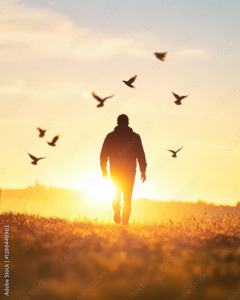 Mindful Journey Silhouette Walking in Serene Sunrise Landscape with Birds - Visual Content for Personal Growth and Wellness Branding, Enhancing Mental Resilience Through Natures Tranquility Mindful Journey Silhouette Walking in Serene Sunrise Landscape with Birds - Visual Content for Personal Growth and Wellness Branding, Enhancing Mental Resilience Through Natures Tranquility