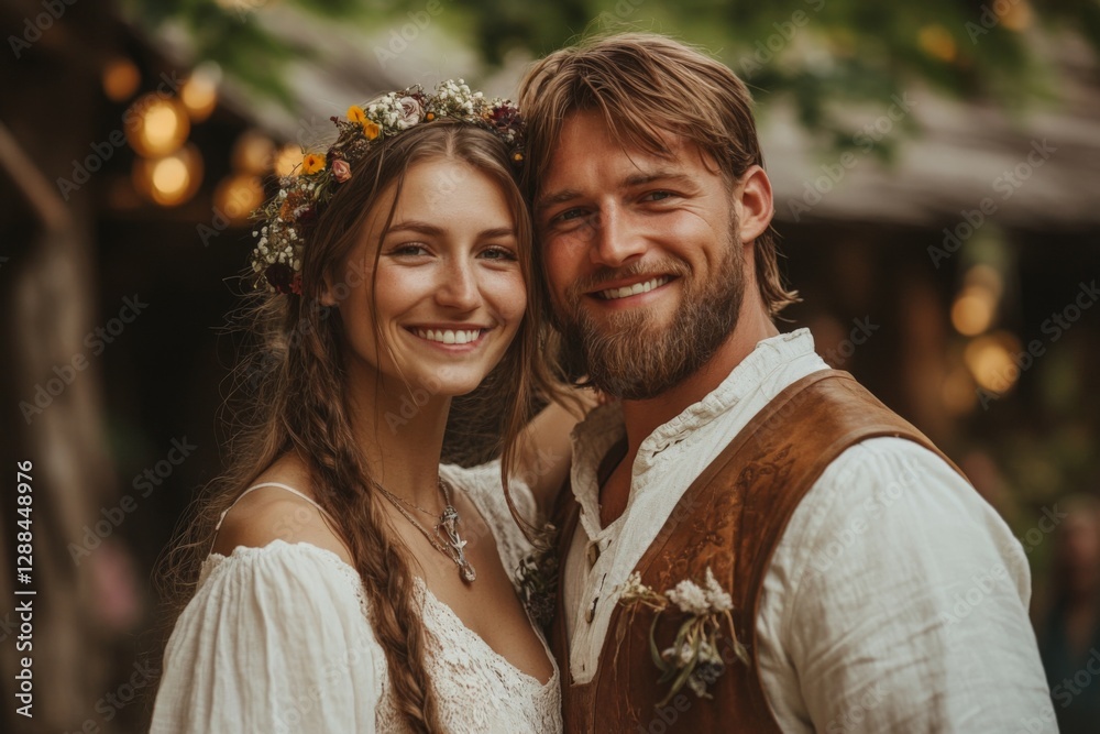 Couple dressed in medieval attire smiling joyfully during a festival in a rustic setting surrounded by greenery Couple dressed in medieval attire smiling joyfully during a festival in a rustic setting surrounded by greenery