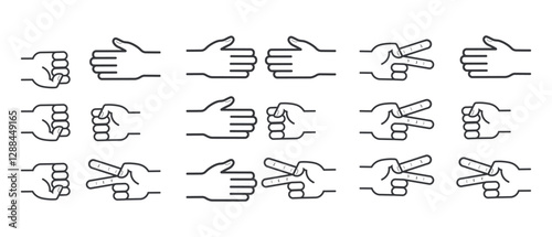 An isolated outline illustration of hand gestures representing rock, paper, and scissors, a symbolic game of chance, strategy, and decision-making