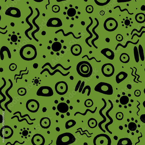 Australian aboriginal symbols, black images on green background. Endless vector texture ikat woven technic imitation.