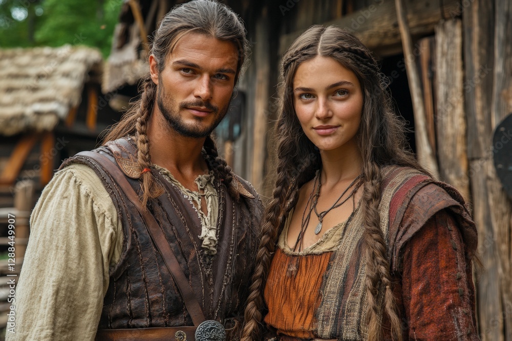Historical reenactors dressed in medieval attire pose for a portrait in a rustic village setting during a summer festival