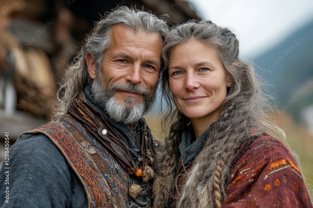 Couple wearing traditional clothing stand together in a rustic outdoor setting with wooden structures nearby during daylight Couple wearing traditional clothing stand together in a rustic outdoor setting with wooden structures nearby during daylight