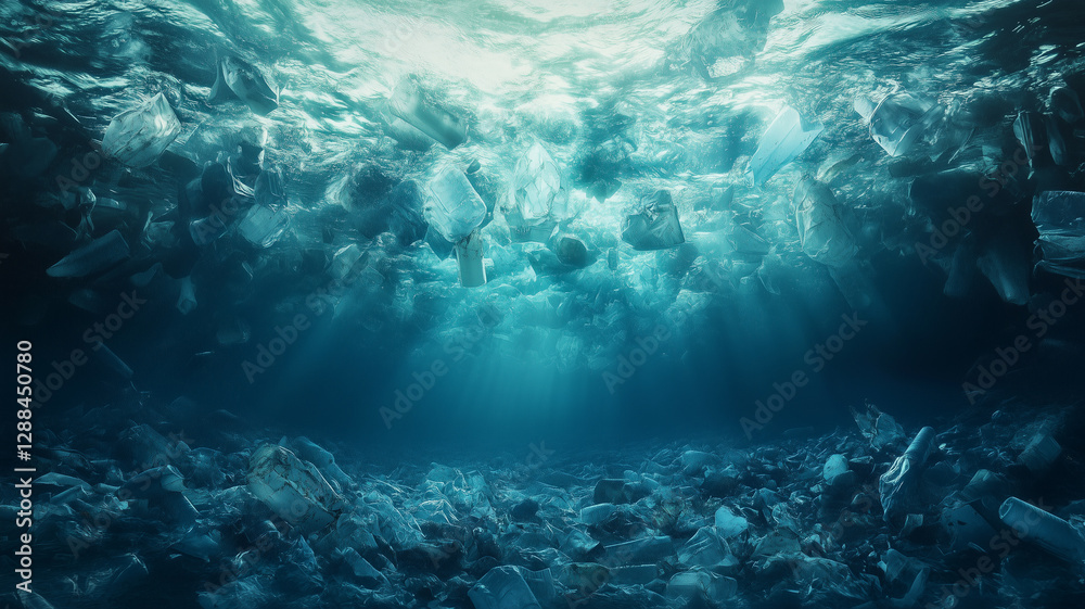 Underwater Scene Depicting Ocean Plastic Pollution Problem Impacting Marine Environment Underwater Scene Depicting Ocean Plastic Pollution Problem Impacting Marine Environment