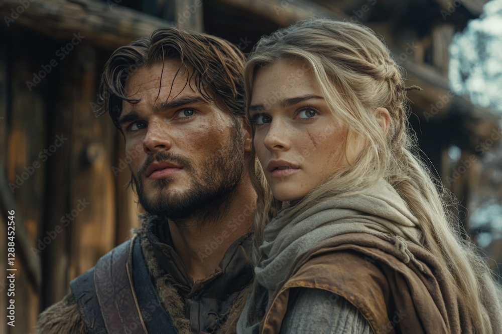 Obraz premium Two characters stand together in a forest, portraying tension and emotion during a medieval setting in a dramatic narrative