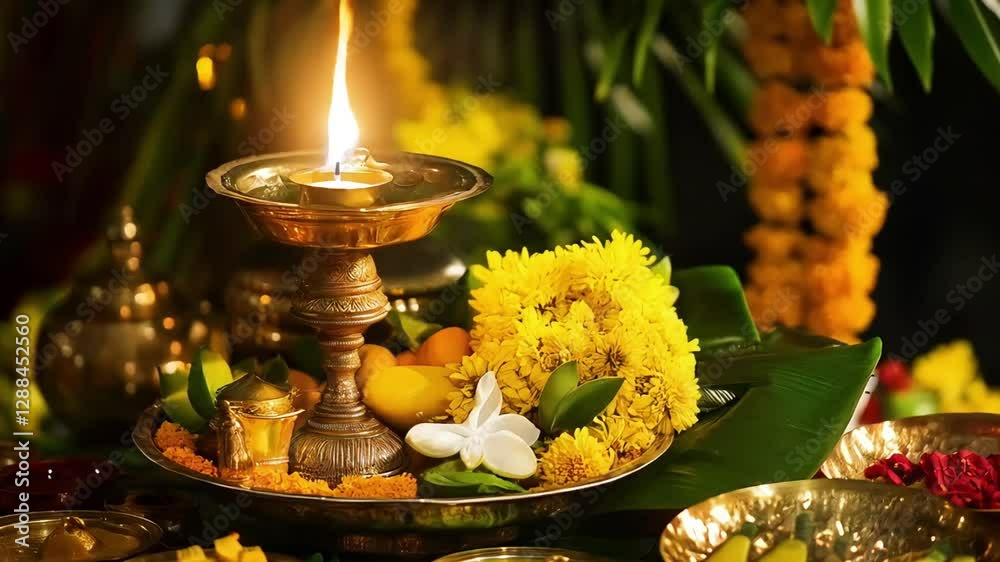 Vishu celebration in Kerala, India, featuring a beautifully arranged Vishukkani with golden kanikonna flowers, a lit oil lamp, fruits
