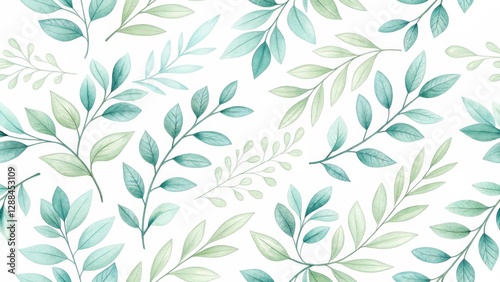 Wallpaper Mural Watercolor Teal and Green Leaf Seamless Pattern Botanical Illustration, Floral Design, Nature Concept Watercolor painting, leaf pattern Torontodigital.ca