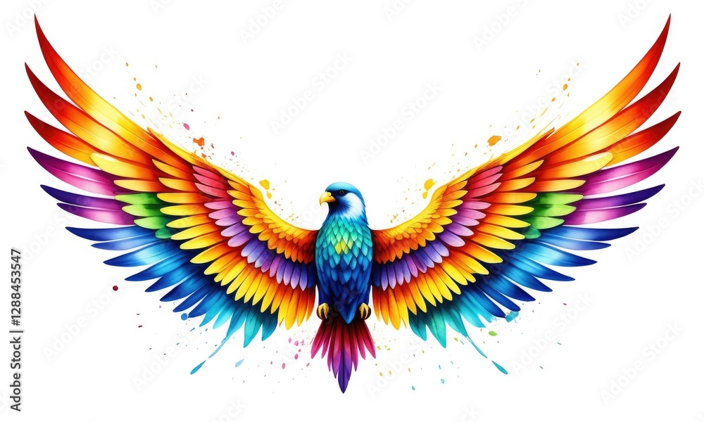 Fototapeta premium Vibrant rainbow feathered bird with spread wings and splatter effect