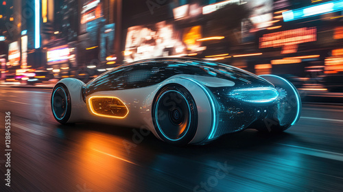 Sleek futuristic car driving through a neon-lit city at night, showcasing advanced technology and modern urban mobility. copy space, banner, mock up