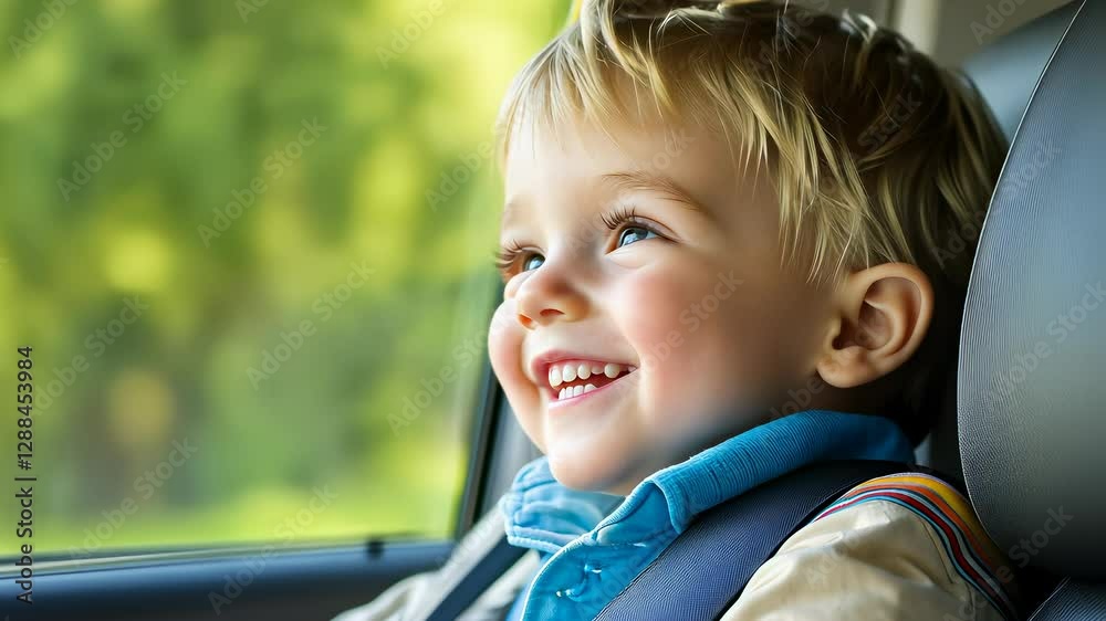 Happy child enjoying a car ride through a sunny neighborhood on a beautiful day Happy child enjoying a car ride through a sunny neighborhood on a beautiful day