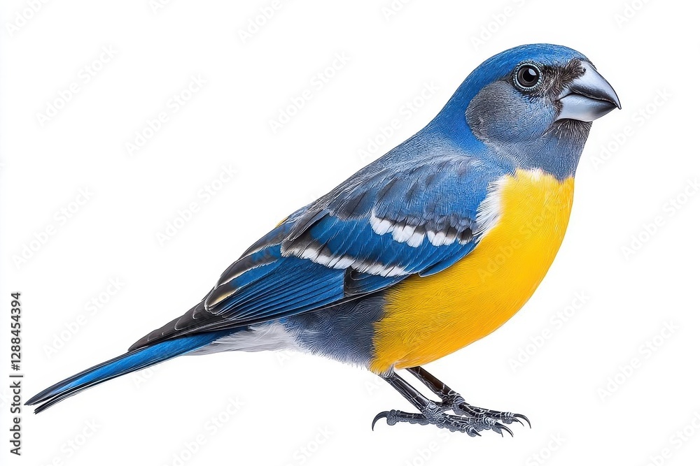 Fototapeta premium A photorealistic image of a blue and yellowcolored bird with its full body against a white background