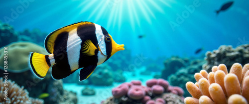 Vibrant Moorish idol fish swimming among colorful coral reef, marine beauty photo