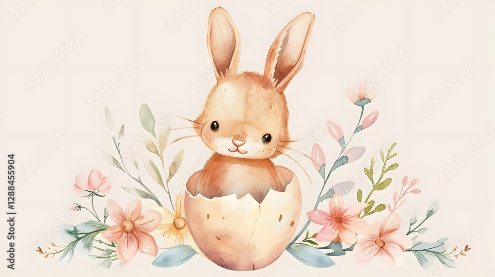 Watercolor-style Easter bunny sitting in a cracked eggshell with pastel flower decorations around it. Watercolor-style Easter bunny sitting in a cracked eggshell with pastel flower decorations around it.