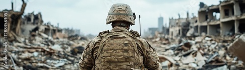 A soldier in full gear stands amidst the ruins of an urban landscape