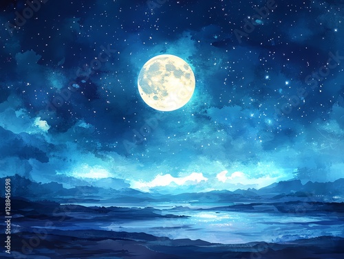 Full Moon Shining Over Calm Water Landscape with Starry Night Sky