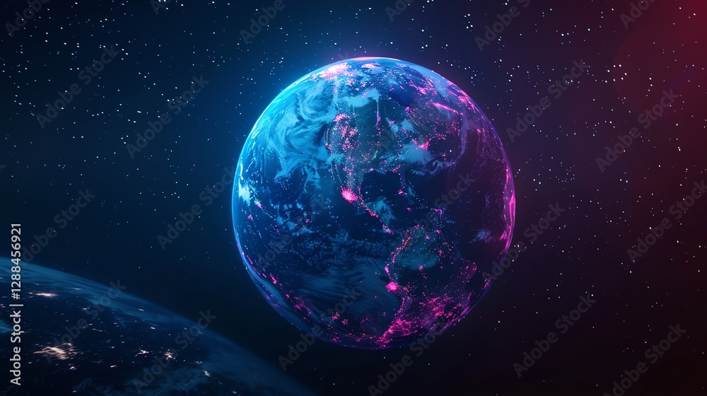 Fototapeta premium Earth glowing with pink and blue light, seen from space.
