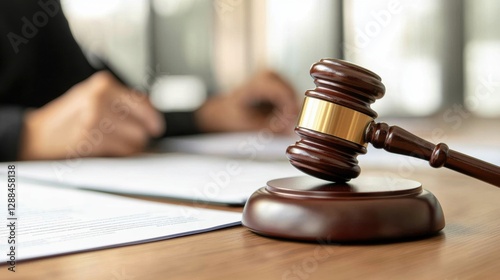 A legal-focused estate planning composition featuring a gavel, financial contracts, and a well-dressed attorney explaining trust laws to a client, captured in a professional and detailed scene