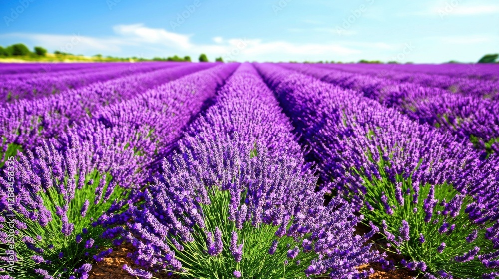 Obraz premium A lavender field spring wallpaper inside the studio, showcasing endless rows of purple lavender under a bright blue sky, captured with ultra-detailed sharpness