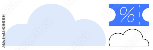 Blue cloud, percentage ticket, outline cloud. Ideal for cloud computing, data storage, online services, discounts, promotions digital marketing tech imagery. Clean minimal abstract line flat