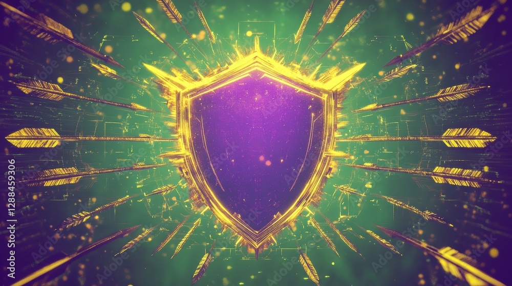 Fototapeta premium Radiant Shield and Arrows in Futuristic Neon Atmosphere 