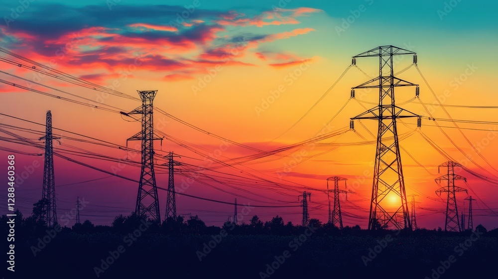 Fototapeta premium Electric Towers Silhouetted Against Vibrant Sunset Sky