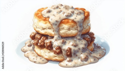 Delicious biscuits with creamy sausage gravy kitchen food illustration cozy atmosphere close-up view