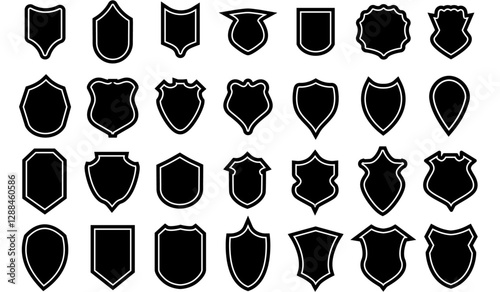 Shields police badge set vector. Security black labels illustration. Shield blank emblems, military shield silhouettes. 