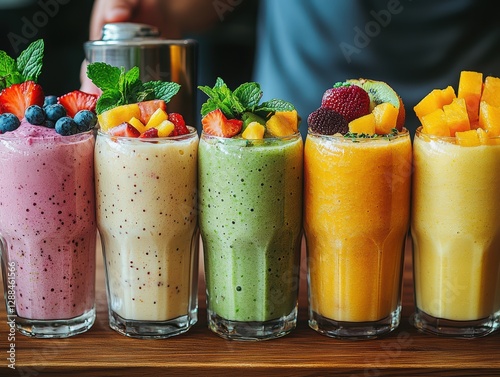 A collection of vibrant fitness smoothies and protein shakes in transparent glasses with fresh fruits
