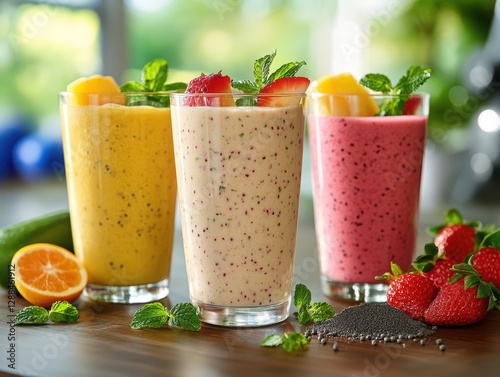 A collection of vibrant fitness smoothies and protein shakes in transparent glasses with fresh fruits