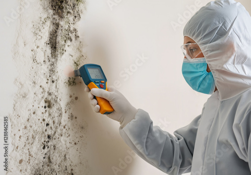 Mold inspector wearing protective gear uses a moisture meter to assess the extent of mold growth on a wall