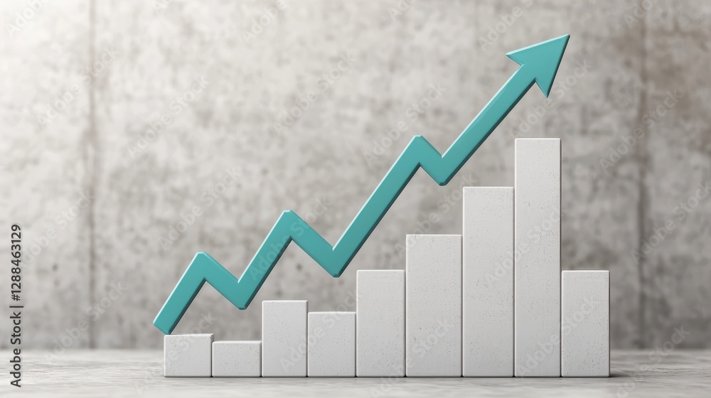 A sleek graph with rising bars and a turquoise arrow indicates positive growth trends against a concrete background. A sleek graph with rising bars and a turquoise arrow indicates positive growth trends against a concrete background.