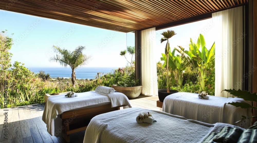 Fototapeta premium Oceanfront Spa Relaxation with Luxurious Wooden Design