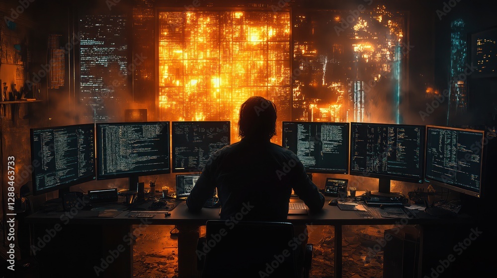 software developer coding on multiple monitors in sleek tech office with glowing screens software developer coding on multiple monitors in sleek tech office with glowing screens