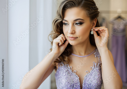 Beautiful woman with curly hair and makeup wearing an elegant purple dress putting on earrings, preparing for a special event