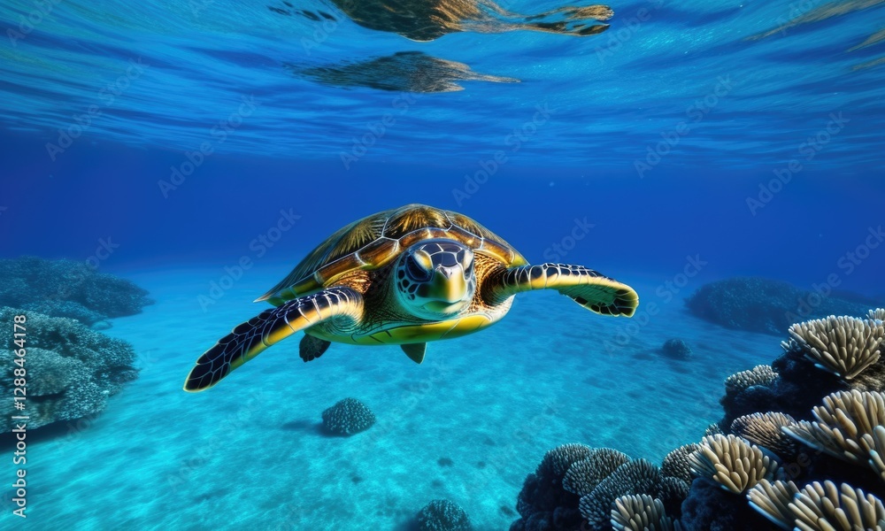 Obraz premium Tranquil sea turtle swimming gracefully in vibrant coral reef ocean landscape