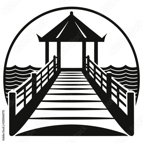 silhouette vector of wooden pier bridge over lake