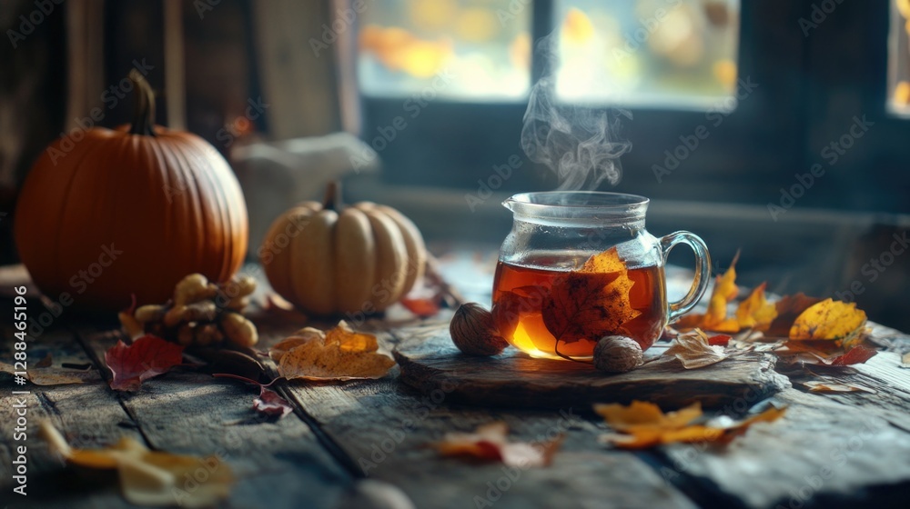 Autumn Cup on Wooden Table Autumn Cup on Wooden Table