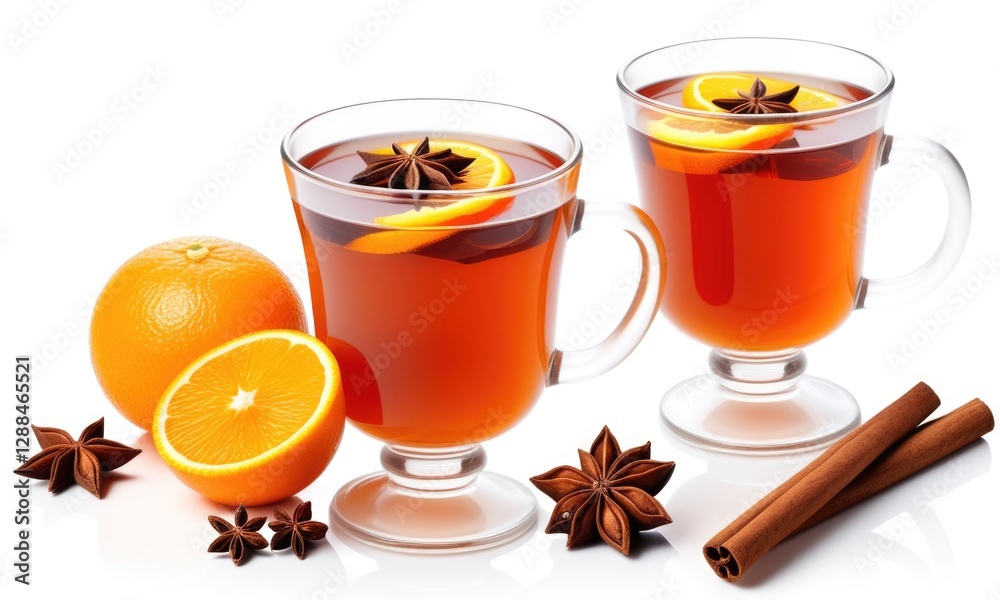 Warm spiced tea with orange slices and cinnamon on white background Warm spiced tea with orange slices and cinnamon on white background